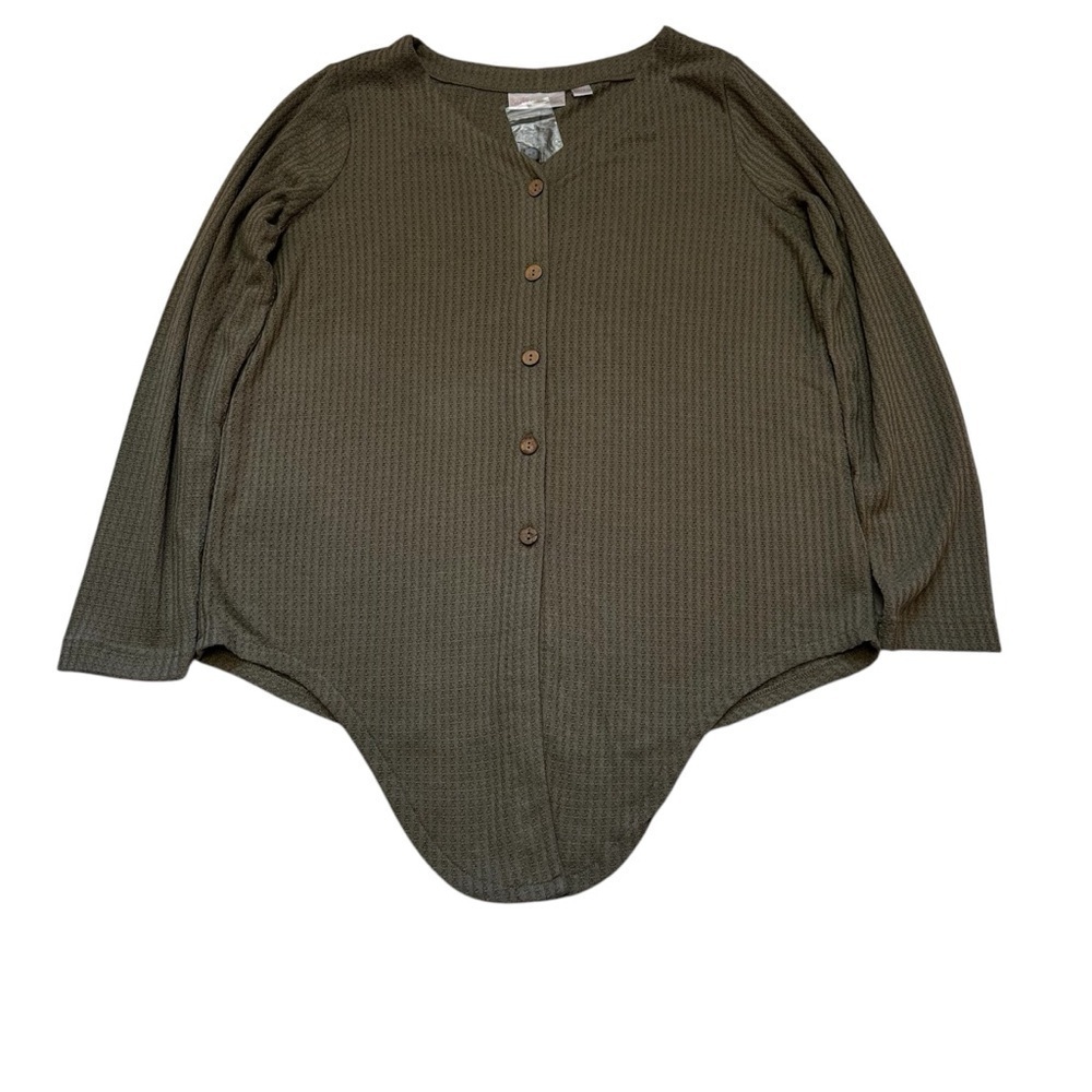 Belle by Kim Gravel Waffle Button Tie-Front Top Size XS Long Sleeve V Neck NWT - Picture 3 of 16